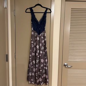 Blue lace bodice floral skirt vintage dress